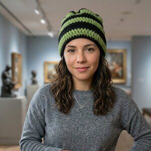 Handmade Green Black Striped Crochet Slouchy Beanie (Fitted at Brim)